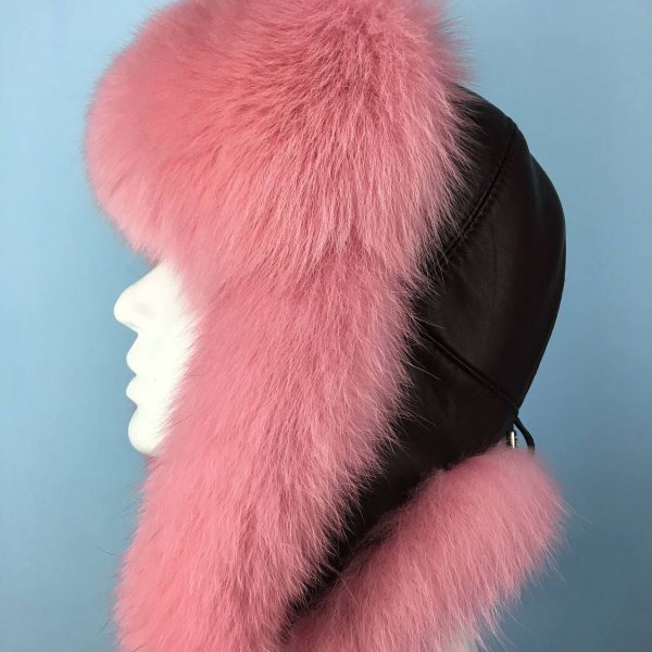 Arctic Fox Fur Trapper Hat with Brown Leather Saga Furs Pink Hat